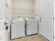 Functional laundry room with white washer and dryer, wire shelving, and a door to the hallway at 4102 Catfish Way, Durham, NC 27703