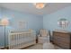 Calming Bedroom with a crib and soft blue walls at 8000 N Bridgewater Ct, Raleigh, NC 27615