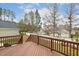 Back deck with wooden railings overlooking the backyard featuring bare trees and blue skies at 104 Low Country Ct, Morrisville, NC 27560