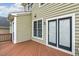 Spacious back deck with access to the house showcasing light green siding and dual glass doors at 104 Low Country Ct, Morrisville, NC 27560