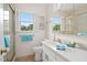 Bright bathroom with a window, white vanity, and shower with glass door at 108 Birdie Ct, Rocky Mount, NC 27804