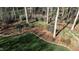 Aerial view of a backyard with mature trees, bridge and manicured landscaping at 1229 Westerham Dr, Wake Forest, NC 27587