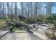 Backyard stone patio with pond and surrounding landscaping at 1229 Westerham Dr, Wake Forest, NC 27587