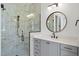 Bathroom featuring a glass enclosed shower, undermount sink with gray cabinets and gold hardware at 2809 Theresa Eileen Way, Raleigh, NC 27603