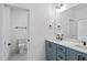 Bathroom with a blue vanity, square mirrors, and modern fixtures at 2809 Theresa Eileen Way, Raleigh, NC 27603