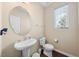 A half bathroom features a modern vanity, toilet, and decorative mirror with natural light from the window at 30 Holly Berry Ln, Durham, NC 27703