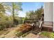 View of backyard with stairs leading to wooden deck overlooking the lake at 6209 Remington Lake Dr, Raleigh, NC 27616
