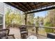 Covered wooden deck with overhead reed awning overlooking the lake at 6209 Remington Lake Dr, Raleigh, NC 27616