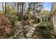 Backyard features a stone walkway and lush landscaping with trees and flowering bushes at 6719 Falconbridge Rd, Chapel Hill, NC 27517