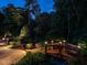 Charming backyard bridge surrounded by lush greenery and landscape lighting for evening ambiance at 7312 Ridgeline Dr, Raleigh, NC 27613