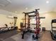 Home gym featuring a variety of equipment, including a weight rack, treadmill, and exercise bike at 7312 Ridgeline Dr, Raleigh, NC 27613