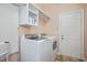 Functional laundry room with modern appliances, storage shelves, and convenient access to the outdoors at 8508 Kayenta Ct, Wake Forest, NC 27587