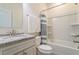 Bright bathroom featuring a shower/tub combo, granite countertop, and white vanity at 1102 Dartmouth Dr, Mebane, NC 27302