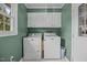 Well-lit laundry room with matching washer and dryer and overhead storage cabinets at 1208 Briarcliff Rd, Burlington, NC 27215