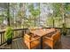 Spacious deck area with a large wooden dining table surrounded by mature trees at 124 Ripley Ct, Cary, NC 27513