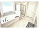 Bright bathroom features a soaking tub, a separate shower and decorative frosted window at 1415 Dalton Pl, Mebane, NC 27302