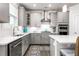 Modern kitchen featuring gray cabinets, subway tile backsplash, and stainless steel appliances at 1415 Dalton Pl, Mebane, NC 27302