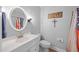 Bathroom featuring a vanity, toilet, decorative artwork, mirror, and American Flag shower curtain at 206 Herronwood Dr, Graham, NC 27253