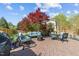 Backyard patio features blue seating, a brick surface, and privacy fencing at 207 Grand Ave, Raleigh, NC 27606