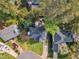 An aerial view showing the mature trees and landscaping of this neighborhood with well maintained lawns at 2340 Florida Ct, Raleigh, NC 27615