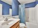 Cozy bathroom with a vanity, toilet, and shower featuring a blue shower curtain at 24 High Standard Ln, Angier, NC 27501