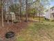 Backyard featuring a shed, swing, and trees, creating a serene outdoor space at 2825 Alder Ridge Ln, Raleigh, NC 27603