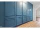 Hallway with large blue cabinets and gold hardware, complemented by light hardwood floors and crisp white trim at 4012 Old Sturbridge Dr, Apex, NC 27539
