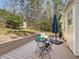 Inviting back patio with outdoor seating, a blue umbrella, and lush green landscaping at 4818 Glendarion Dr, Durham, NC 27713