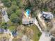 A striking aerial perspective highlights the property's serene setting, featuring a pool and lush foliage for privacy at 5220 Linksland Dr, Holly Springs, NC 27540