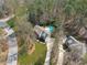 A stunning aerial view of the property, highlighting lush landscaping, a private pool, and a well-maintained neighborhood at 5220 Linksland Dr, Holly Springs, NC 27540
