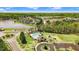 Aerial view of community amenities including a pool, playground, clubhouse, and tranquil lake surrounded by beautiful homes at 825 Golden Plum Ln, Zebulon, NC 27597