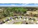 Aerial view of a quaint neighborhood featuring well-maintained homes on a cul-de-sac, surrounded by lush greenery and mature trees at 825 Golden Plum Ln, Zebulon, NC 27597