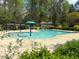 Large community swimming pool with a playful water feature, surrounded by trees and greenery at 110 Bellamy Ln # 109, Chapel Hill, NC 27516