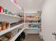 Walk-in pantry with organized shelving for ample storage and organization of groceries and essentials at 1121 White Oak Creek Dr, Apex, NC 27523