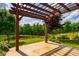 Backyard includes a stone patio with a pergola overlooking a green yard and pond at 237 Abercorn Cir, Chapel Hill, NC 27516