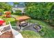 Beautiful backyard with a pergola, brick patio, outdoor furniture, firepit and playset for outdoor enjoyment at 4303 Thetford Rd, Durham, NC 27707