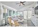 Cozy sunroom with vaulted ceilings, large windows, and stylish furniture at 4303 Thetford Rd, Durham, NC 27707