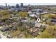 Aerial view of home in a vibrant neighborhood with city skyline views at 1008 North St, Durham, NC 27701