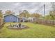 Fenced backyard with a patio, fire pit, lush green grass, and seating, great for entertaining at 1120 N Roxboro St, Durham, NC 27701
