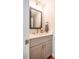 This bathroom features a gray vanity with stone countertops, a modern sink, and a framed mirror at 122 W Union St, Hillsborough, NC 27278