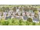 A scenic aerial of homes near a serene lake with lush trees in a peaceful neighborhood at 2100 Thornblade Dr, Raleigh, NC 27604