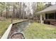 Landscaped backyard featuring raised garden beds and a covered porch area for relaxation at 212 Blueridge Rd, Carrboro, NC 27510