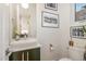Stylish powder room with vessel sink, modern fixtures, and elegant artwork at 607 N Queen St, Durham, NC 27701