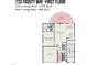 First floor architectural plan showcasing layout of the house, including kitchen, bedrooms, and patio at 733 Frosty Way, Zebulon, NC 27597