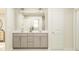 Well-lit bathroom featuring a double vanity with gray cabinets, a large mirror, and neutral decor at 1011 Red Roses Ave, Durham, NC 27703