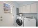 Laundry room featuring modern Samsung washer and Maytag dryer, complemented by overhead cabinets and natural light at 109 Boulder Ln, Chapel Hill, NC 27514