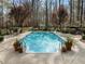 Inviting backyard pool with a stamped concrete surround and mature trees and landscaping at 120 Teasel Ct, Clayton, NC 27527