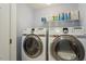 Functional laundry room equipped with modern Samsung washer and dryer units and shelving at 2321 Mica Mine Ln, Wake Forest, NC 27587