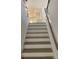 A home staircase features white risers, light wood treads, and a sleek black railing, leading to a brightly lit living space at 245 Marilyn Cir, Cary, NC 27513