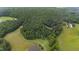 Aerial view of property showing house nestled in the trees between large meadows and a large pond at 301 Stone Currie Dr, Hillsborough, NC 27278